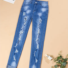 Mid Stretch Distressed Denim Pants Women's Denim Jeans & Clothing