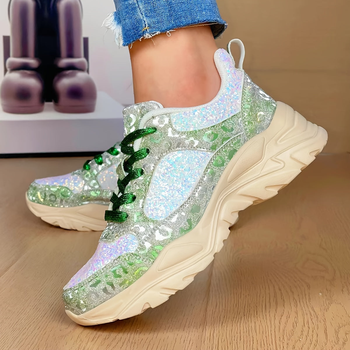 Leopard Print Patchwork Dad Shoes Lace-Up Chunky Sneakers