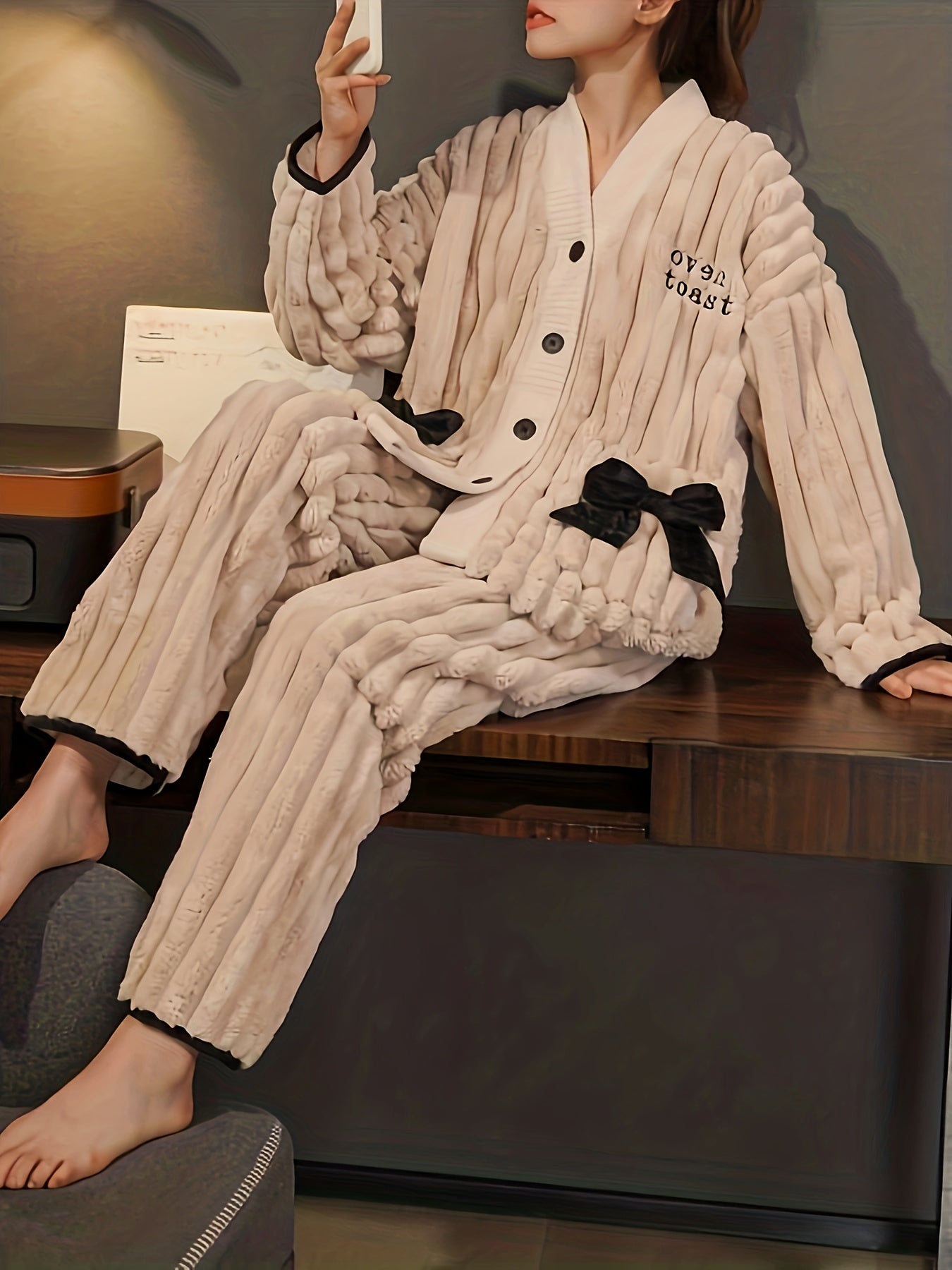 Bow Pajama Set Long Sleeve V Neck Button Top & Pants Sleepwear