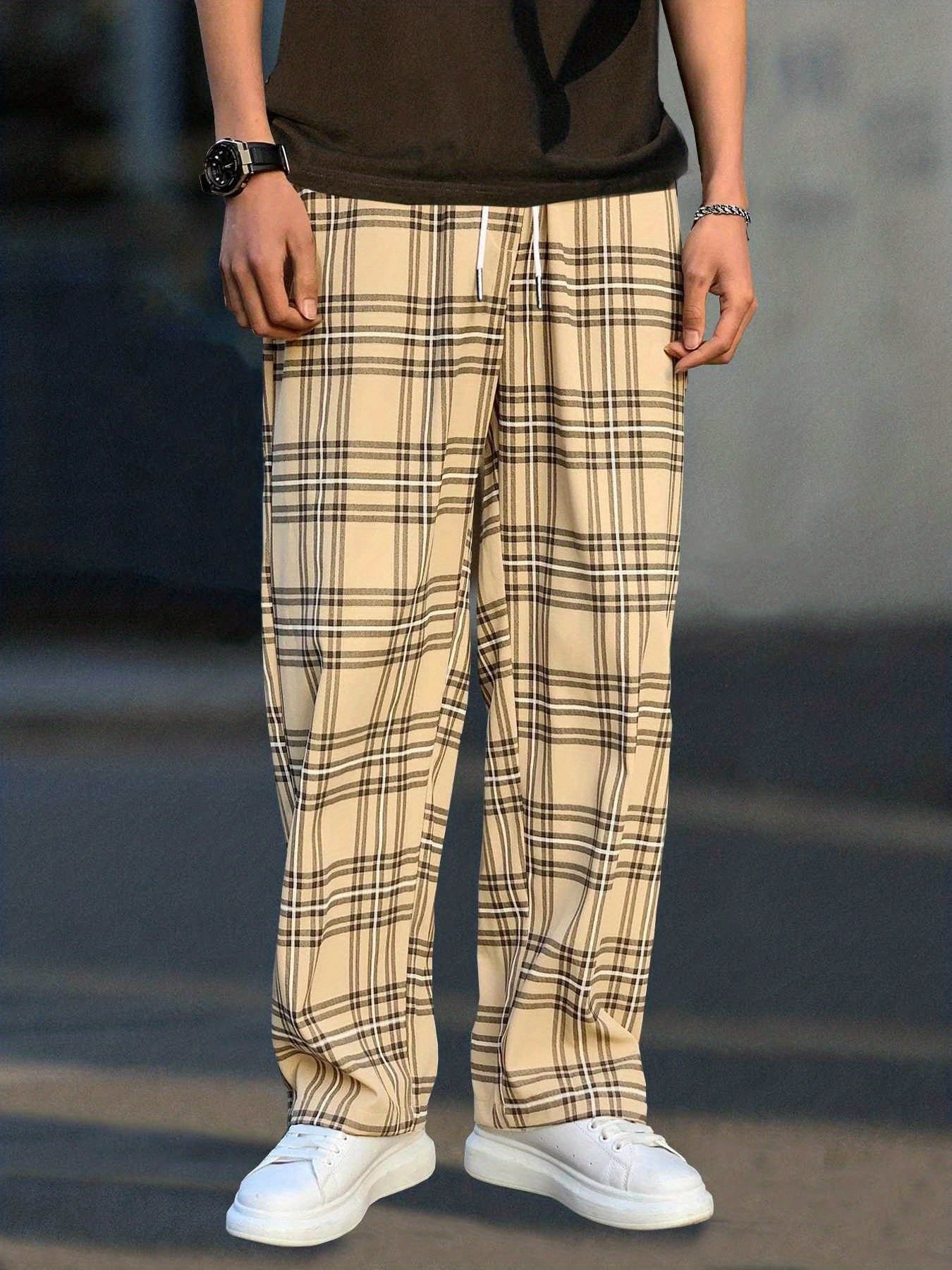Plaid Pattern Joggers Men's Casual Loose Fit Pants