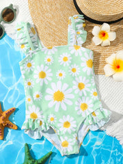 Floral Print One Piece Swimsuit Ruffled Straps Beach Swimwear