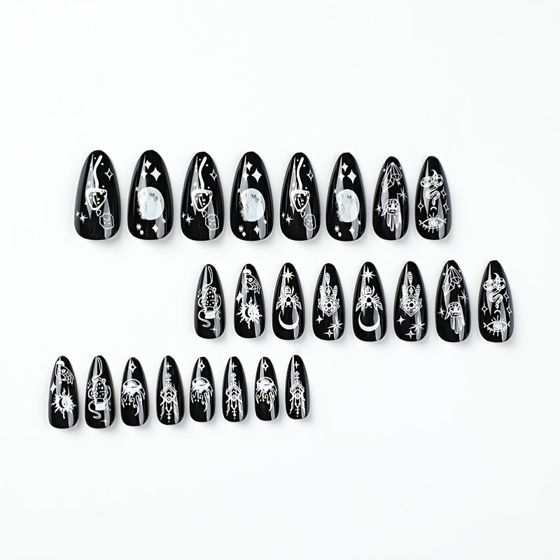 24 pcs Acrylic Full Cover Stick On Nails Moon Star Dream Catcher Evil Eye Snake