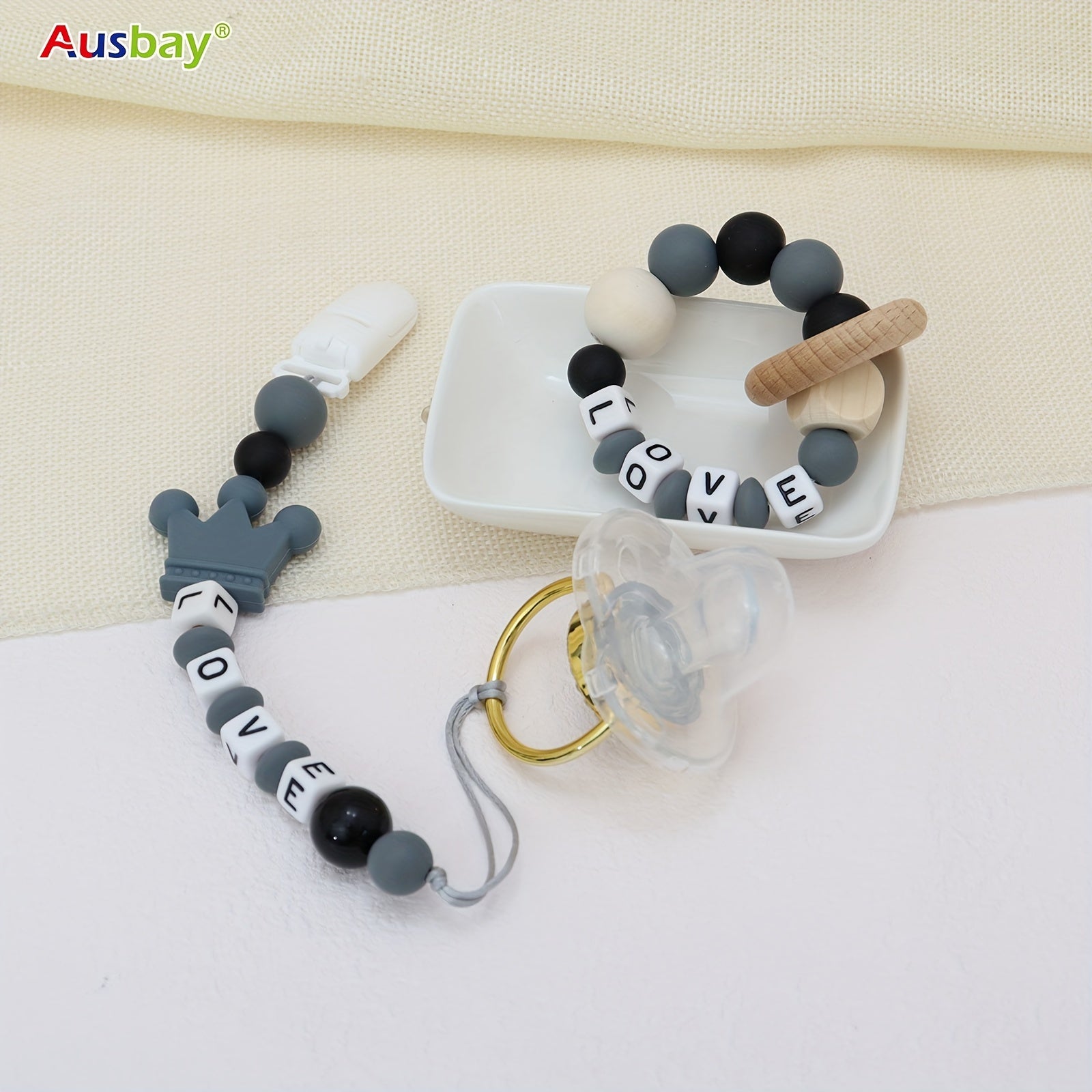 2pcs Personalized Baby Grey Dummy Clip Baby Accessories With Name