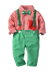 Boys Christmas Striped Bow Tie Overalls Set