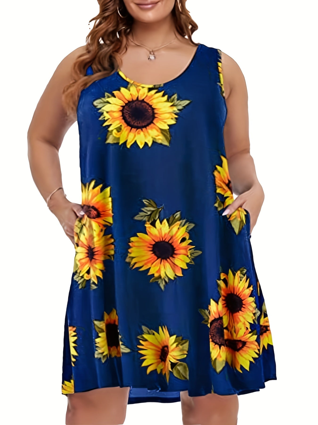 Sunflower Print Tank Dress With Pockets