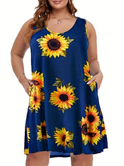 Sunflower Print Tank Dress With Pockets