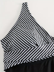 Colorblock Stripe Print Twist Front One Piece Ruched Tank Swimsuit