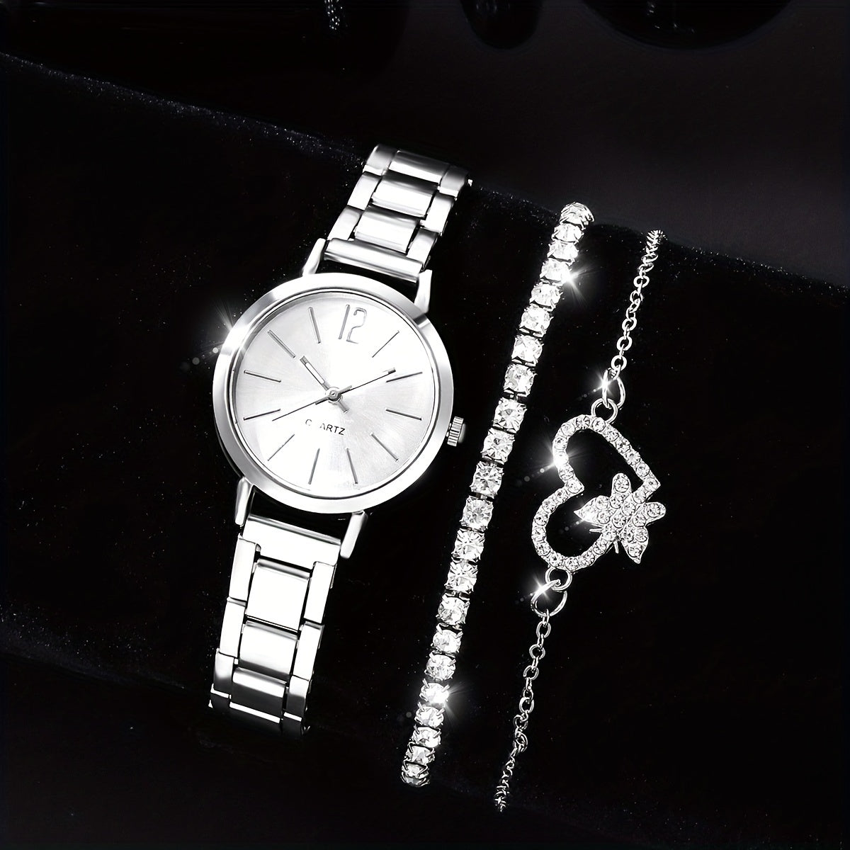 3pcs Small Fresh Alloy Children's Watch Rhinestone Jewelry Set