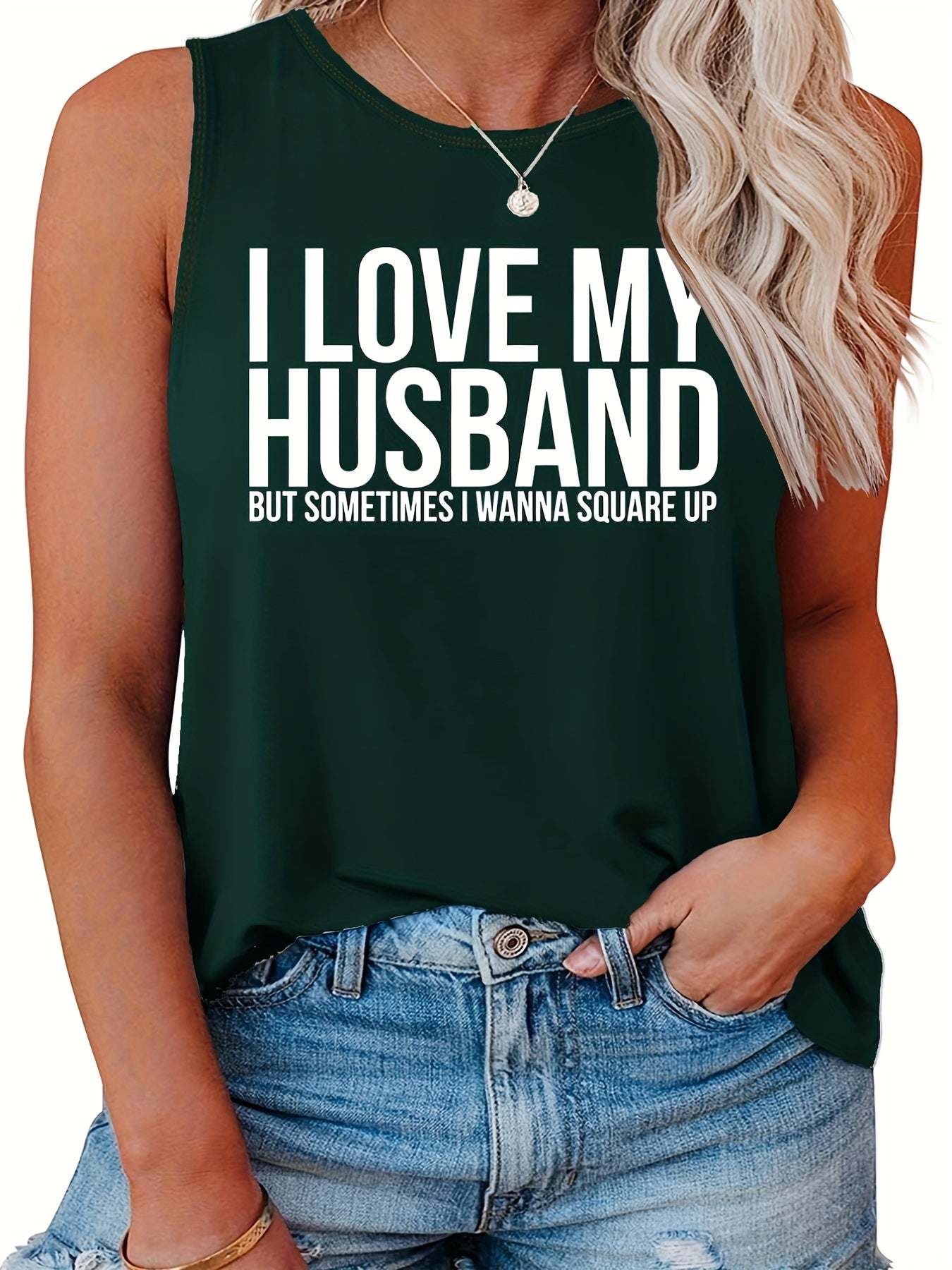 Slogan Print Tank Top Round Neck
