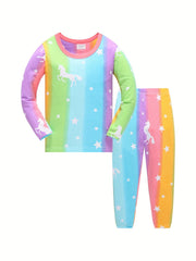 Girls 2pcs Pajamas Set Colorful Star Unicorn Print Round Neck Loungewear