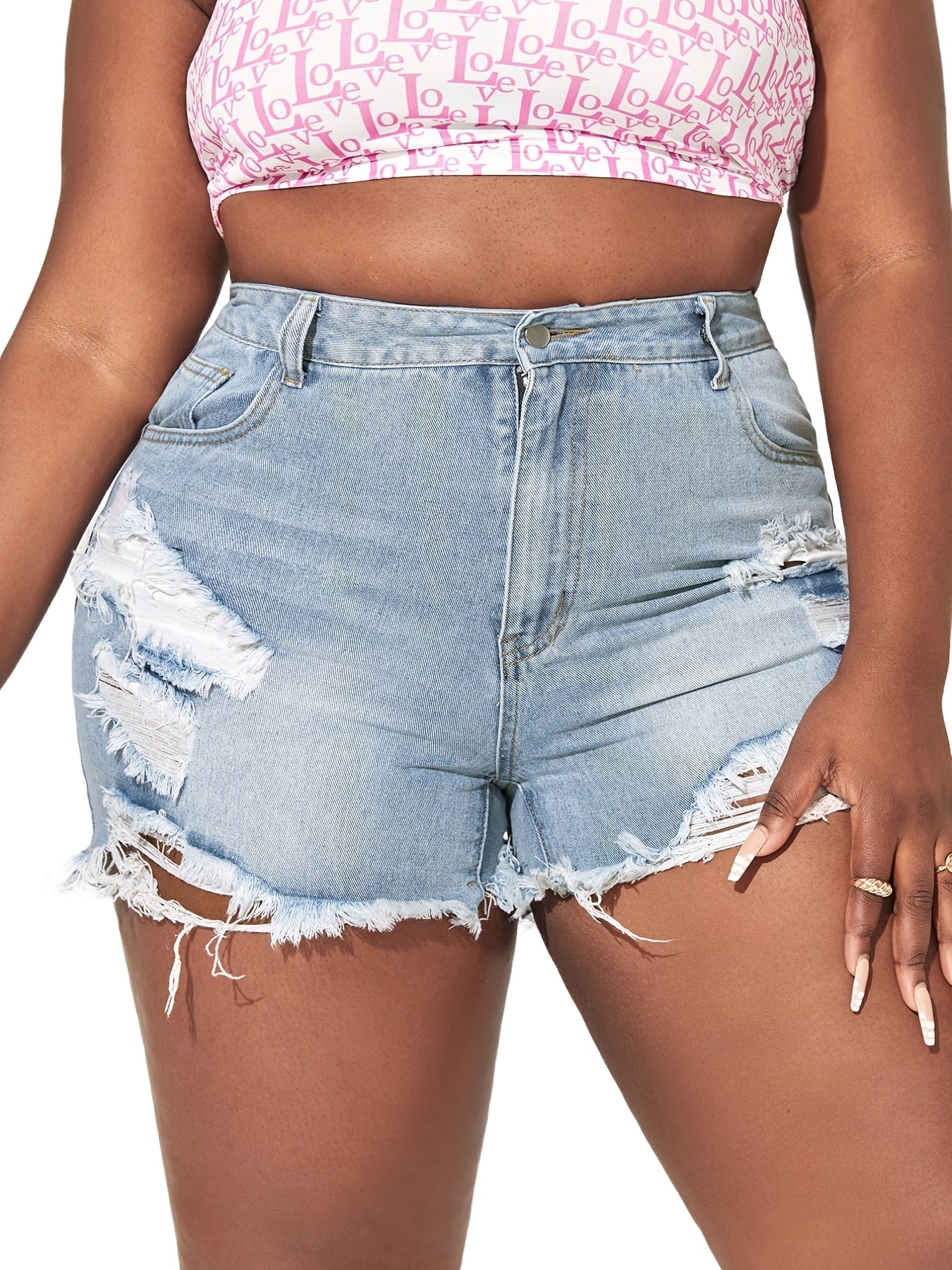 Ripped High Rise Button Fly Denim Shorts