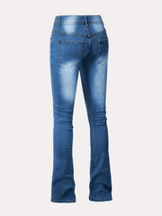 Water Ripple Embossed Flare Leg Denim Pants Whiskering High Stretch