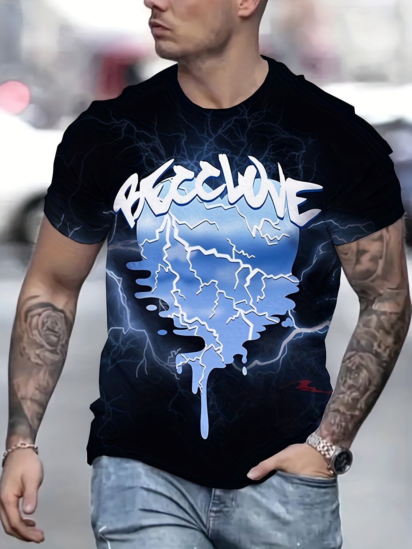 Lightning Pattern T shirt Men's Casual Street Style Tee Shirt