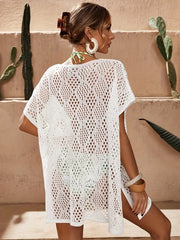 Crochet Batwing Sleeve Cover Up Dress Side Split Solid Boho Beach Coverup