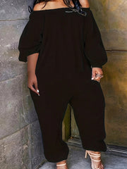 Off Shoulder Tapered Leg Jumpsuit with Pockets
