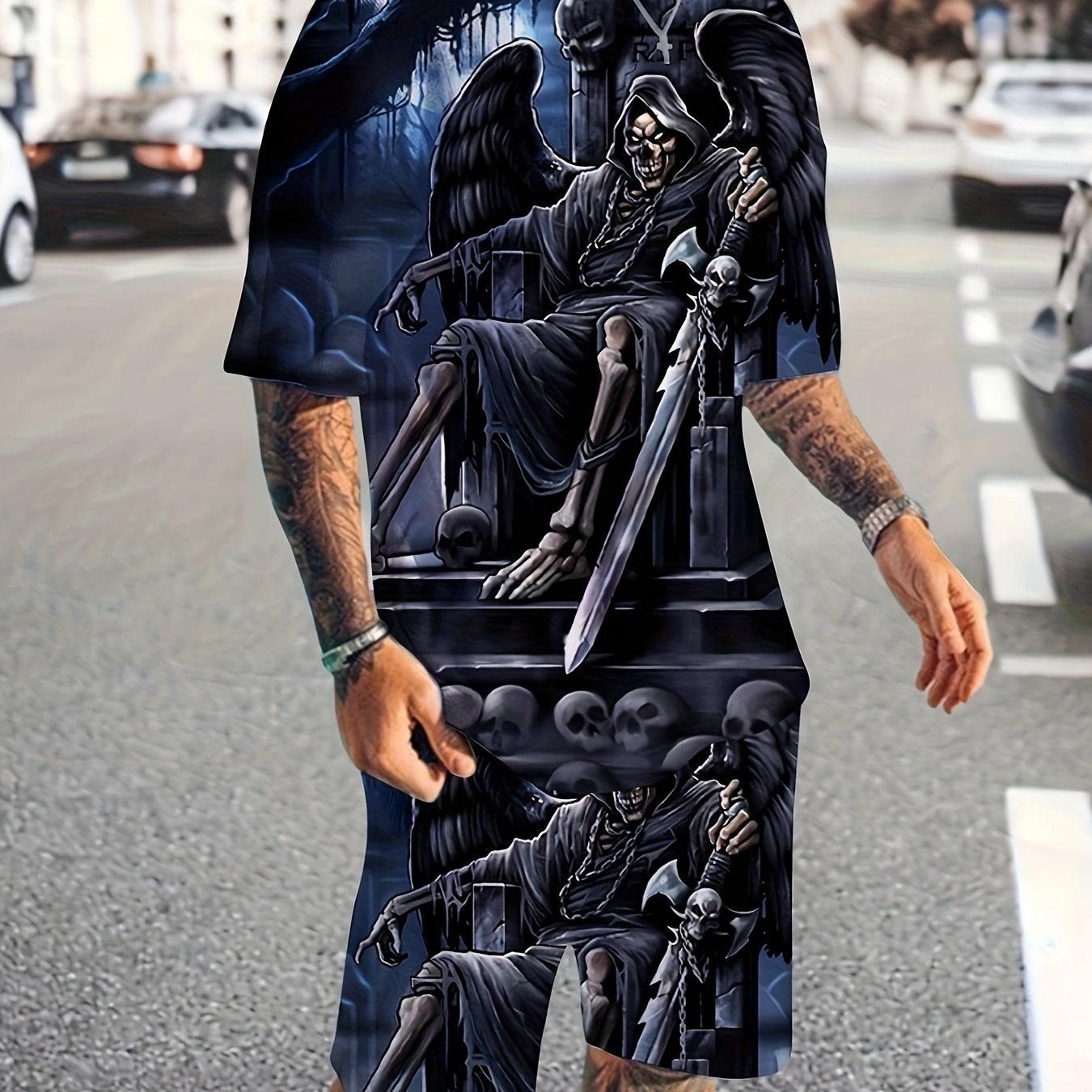 Men's Skull Pattern T shirt & Shorts Set for Fitness