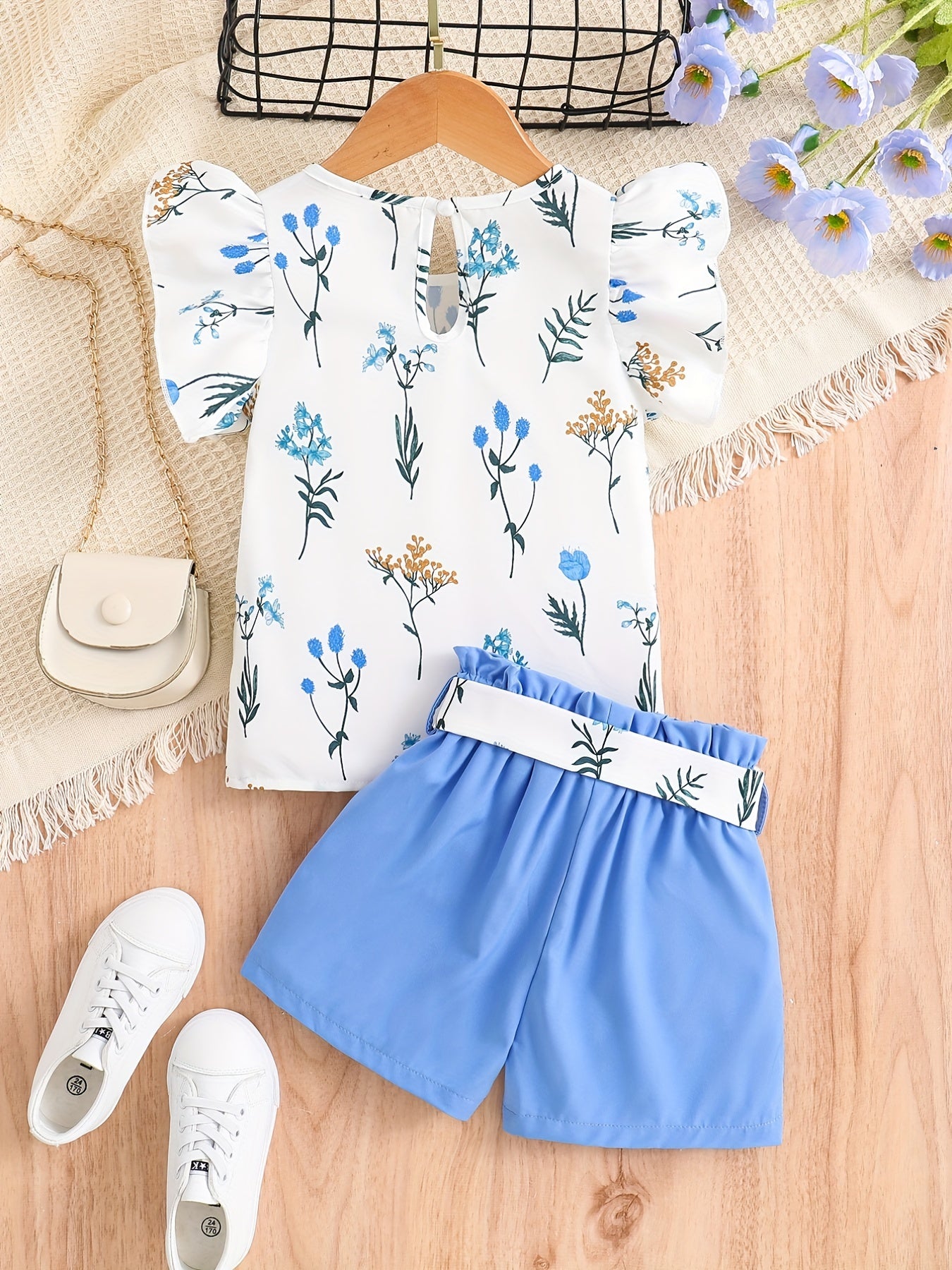 Girls Ruffled Sleeve Flower T-Shirt & Belted Shorts Set Summer Clothes