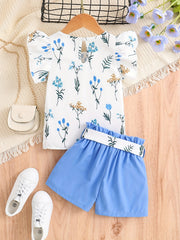Girls Ruffled Sleeve Flower T-Shirt & Belted Shorts Set Summer Clothes