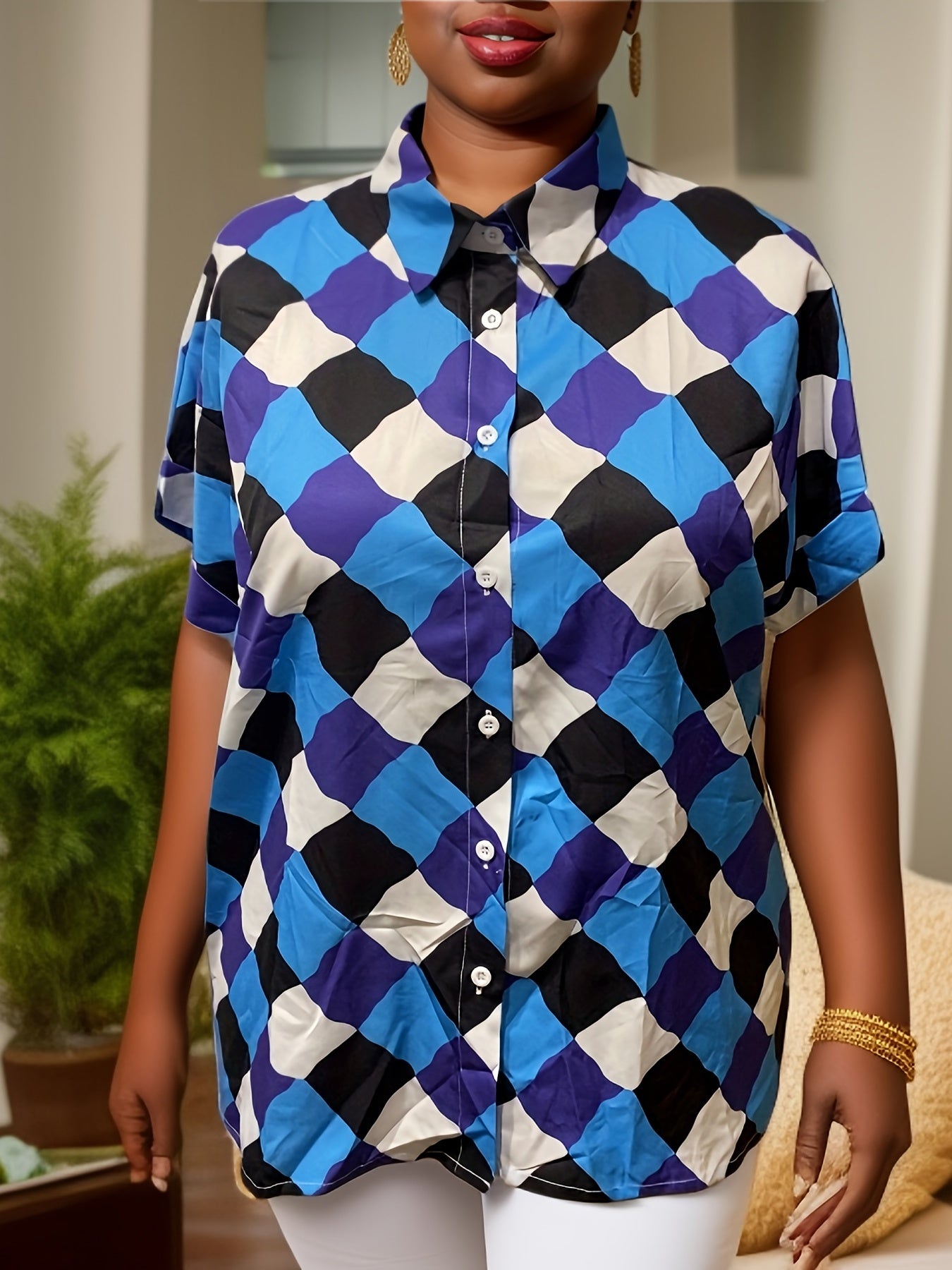 Argyle Print Button Up Short Sleeve Blouse
