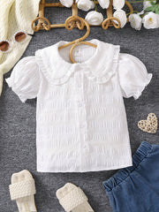 Girls Puff Sleeve Button Collared Blouse