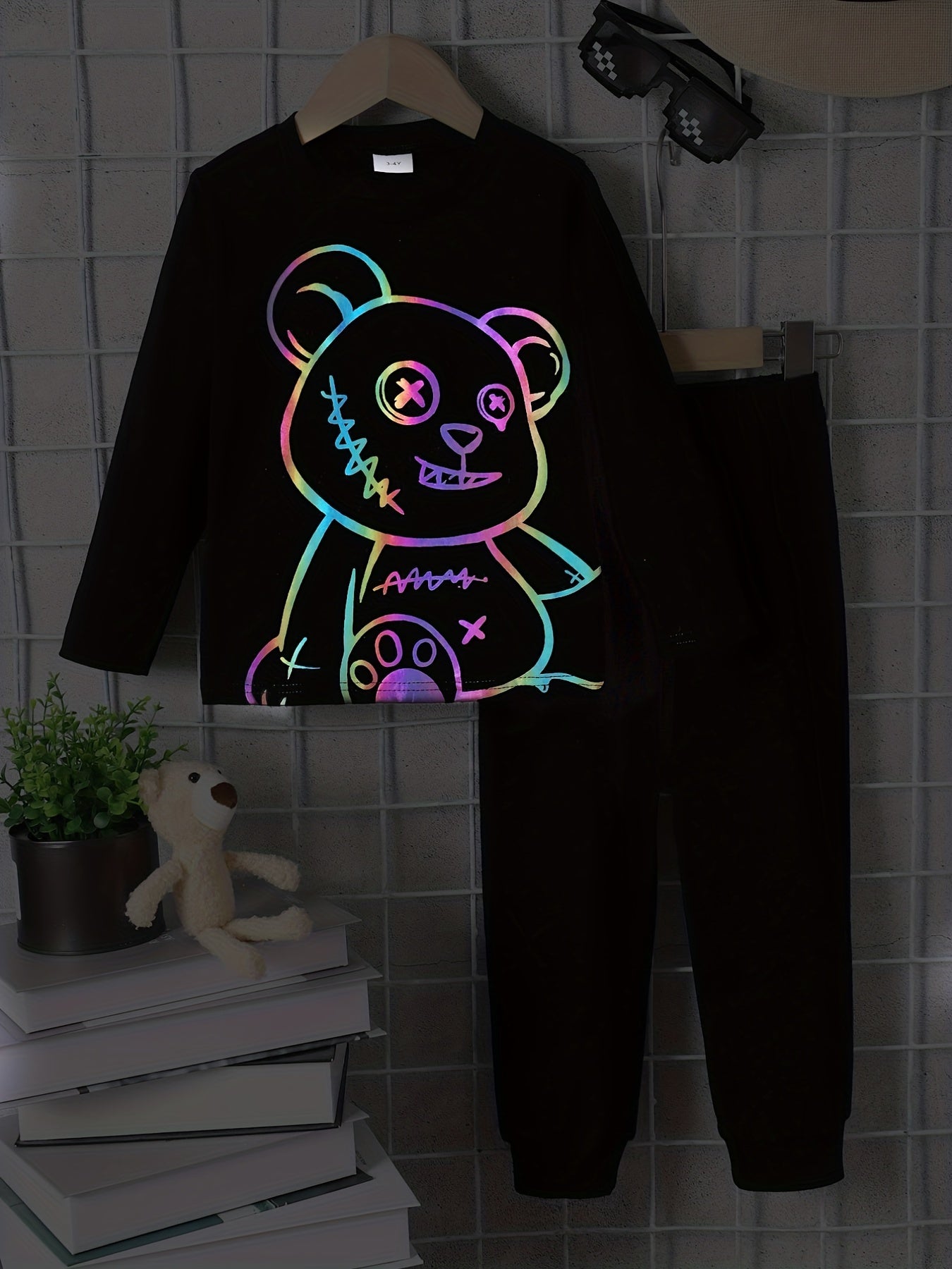 Boy's Bear Pattern Outfit 2pcs Long Sleeve Top & Sweatpants Set