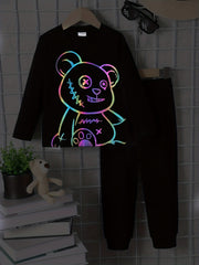 Boy's Bear Pattern Outfit 2pcs Long Sleeve Top & Sweatpants Set
