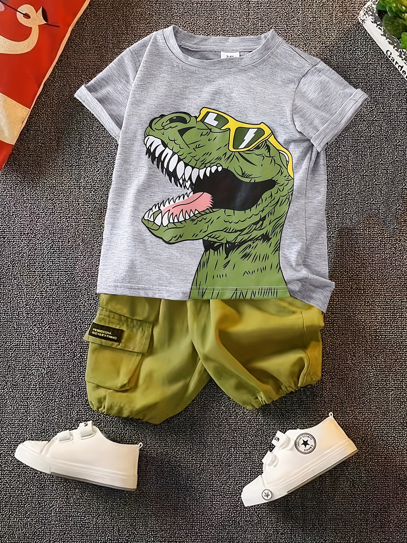 Boys Dino Outfit Cargo Shorts & T shirt Casual Summer Kids Clothes