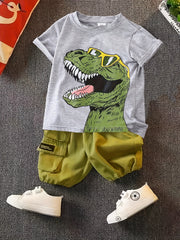 Boys Dino Outfit Cargo Shorts & T shirt Casual Summer Kids Clothes