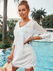 V Neck Kaftan Cover Up Dress Pom Pom Decor Contrast Mesh Half Sleeves