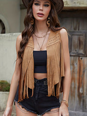 Western Hollow Out Fringe Trim Vest Jacket Casual Sleeveless Open Front Vest