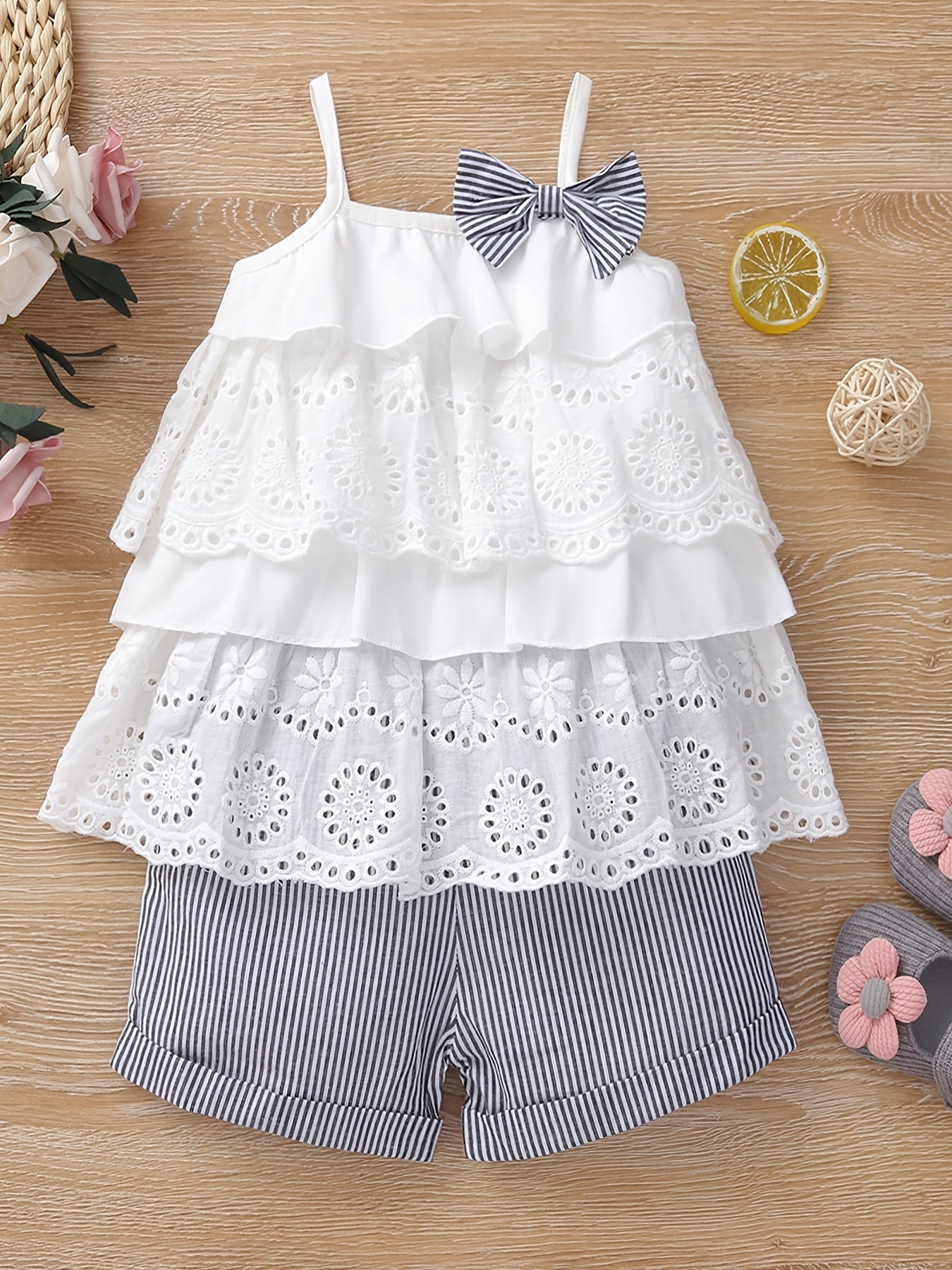 2pcs Lace Camisole Top & Elastic Waist Striped Shorts Set