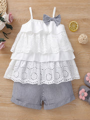 2pcs Lace Camisole Top & Elastic Waist Striped Shorts Set