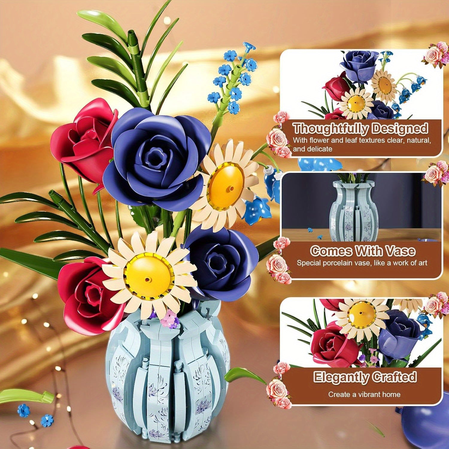 Flowers Bouquet Building Set Artificial Decor for Home Office