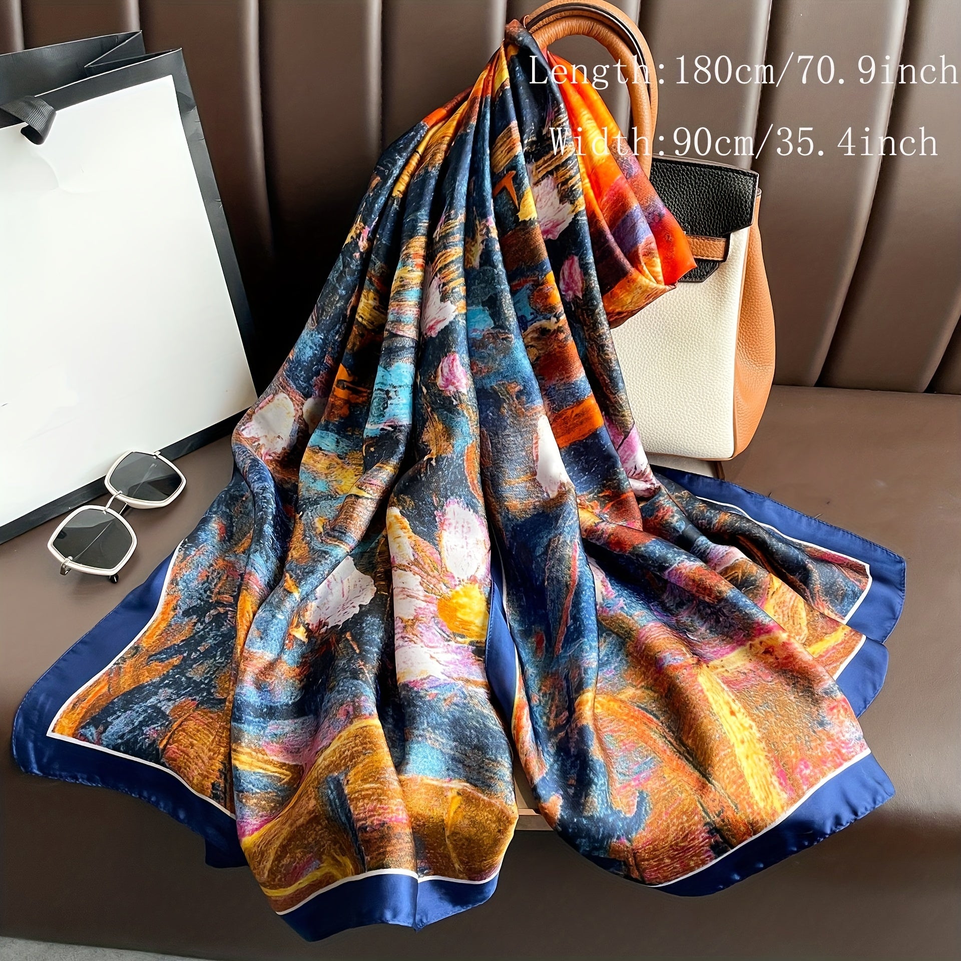 Satin Landscape Printed Scarf Sunscreen Shawl Wrap