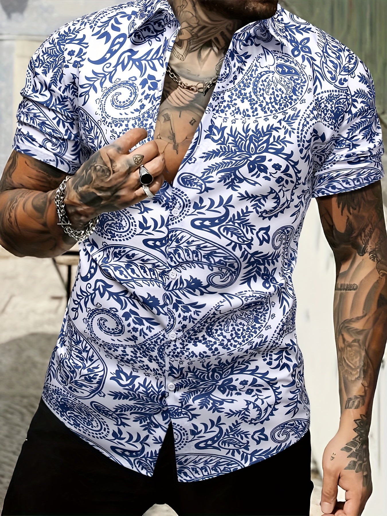 Men's Paisley Camp Collar Bowling Shirt Short Sleeve