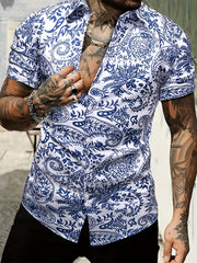 Men's Paisley Camp Collar Bowling Shirt Short Sleeve