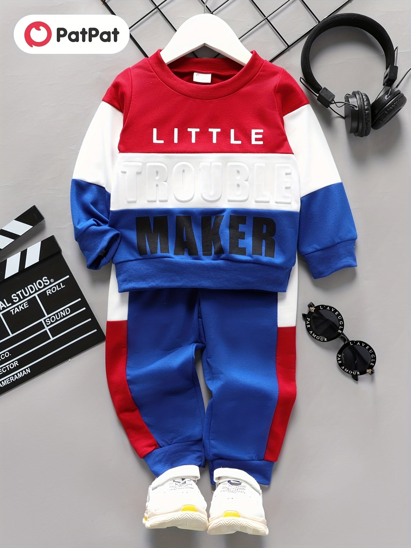 Boy 2pcs Sweatshirt & Pants LITTLE TROUBLE MAKER Print Crew Neck Long Sleeve