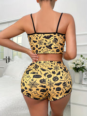 Skull Print Pajama Set Halloween Crew Neck Cami Top & Elastic Waistband Shorts