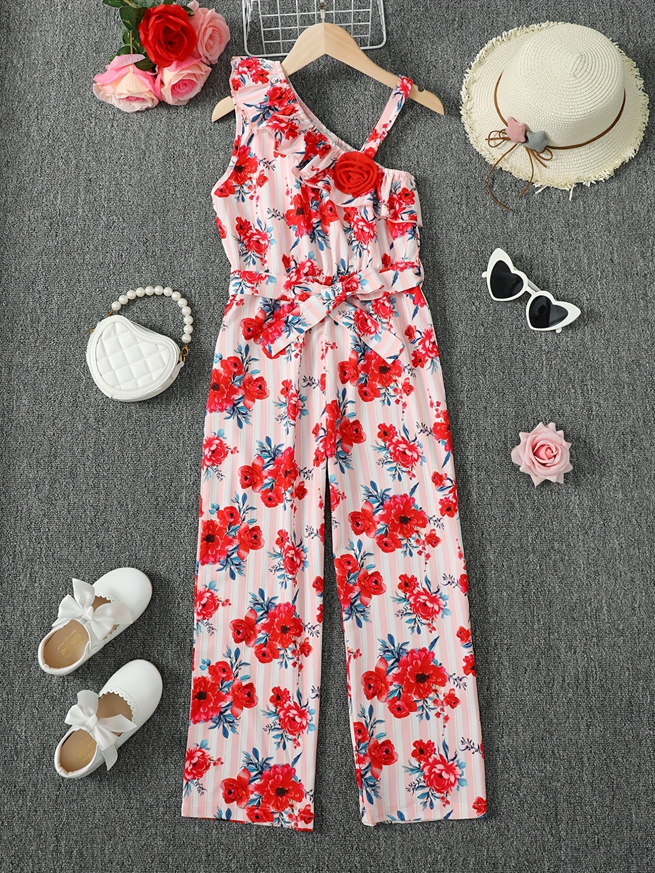 Girls Ruffle Trim Stripe Flowers Romper Jumpsuit For Beach Kids Summer Clothes