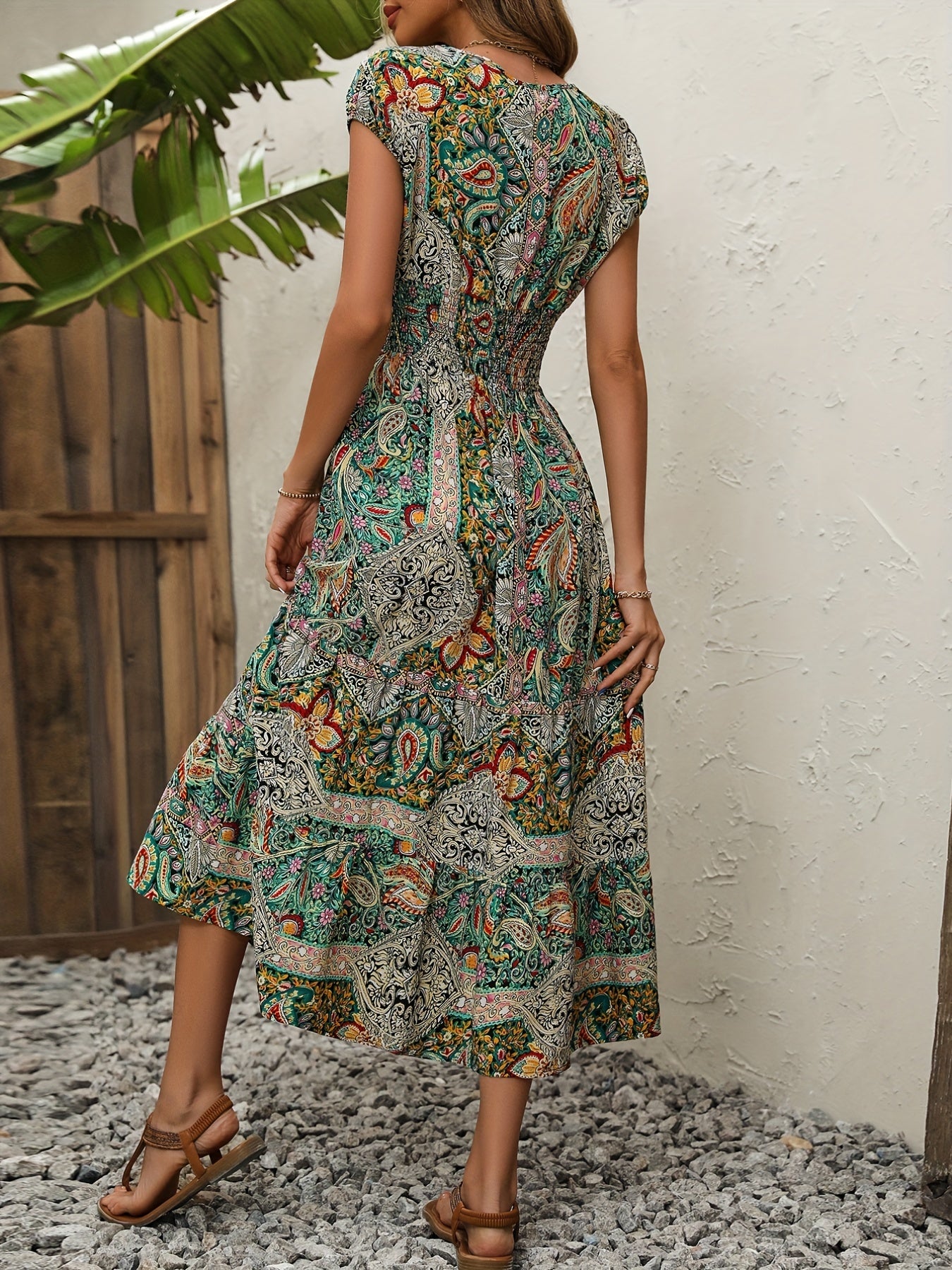 Paisley Print Boho Maxi Dress V Neck Short Sleeve