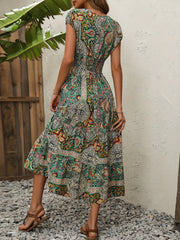 Paisley Print Boho Maxi Dress V Neck Short Sleeve