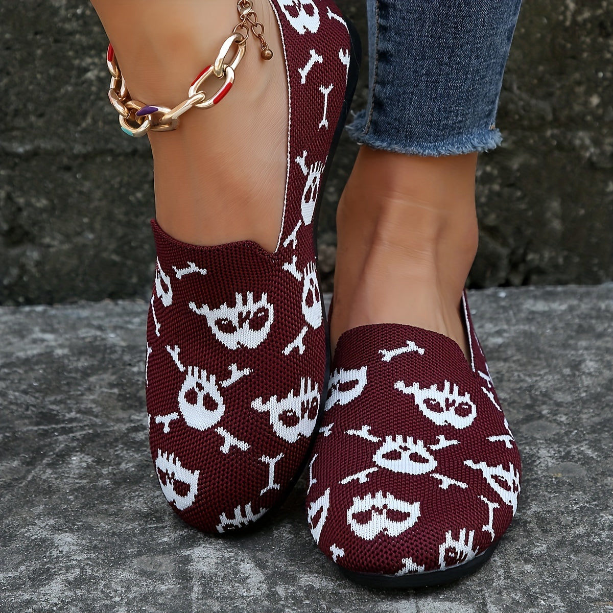 Women's Skull Print Flat Shoes Breathable Halloween Lightweight Shoes