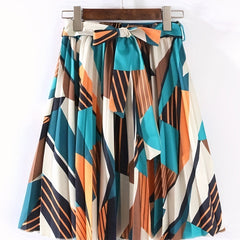 Geometric Print Tied Front Skirt Boho Pleated Skirt
