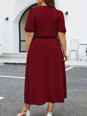 Contrast Lace Short Sleeve V Neck Belted Dress