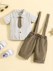 Boy's Stylish Gentleman Outfit Short Sleeve Tie Shirt & Bib Pants Set