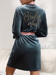 Letter Embroidery Night Robe Colorblock V Neck Robe Women's Sleepwear