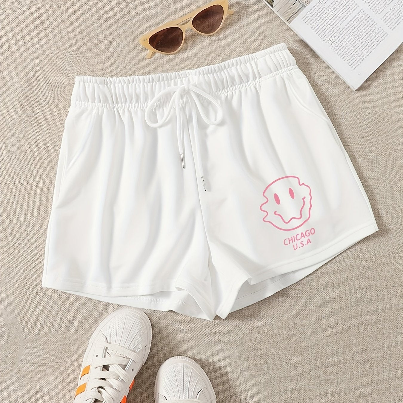Smile Face Print Yoga Shorts Drawstring Waist Casual Summer Spring