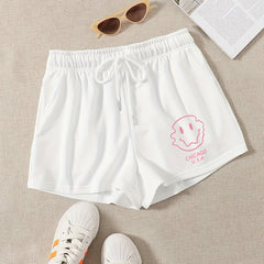 Smile Face Print Yoga Shorts Drawstring Waist Casual Summer Spring