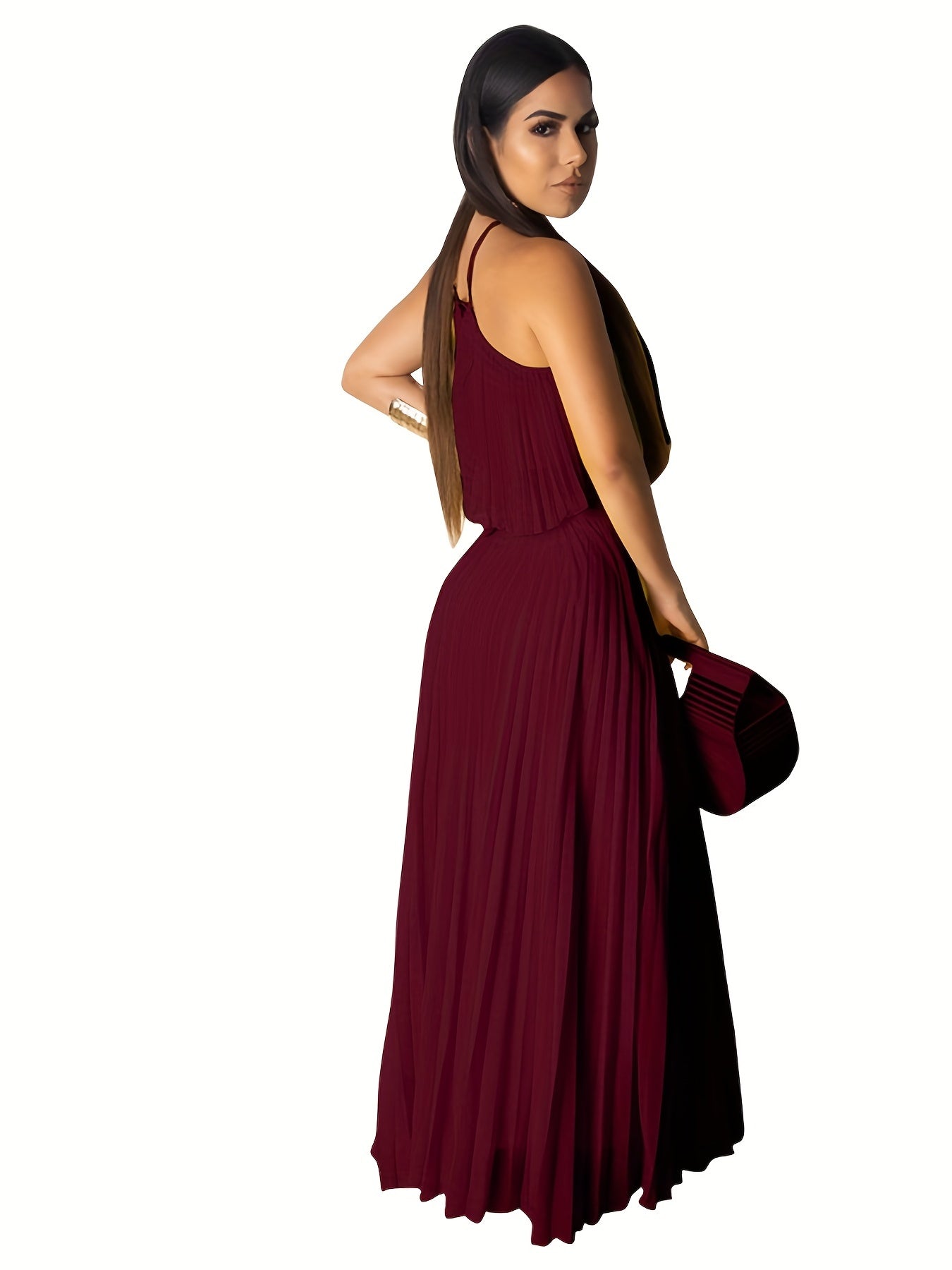 Pleated Two-Piece Set Spaghetti Top & Maxi Skirt Women's Outfit