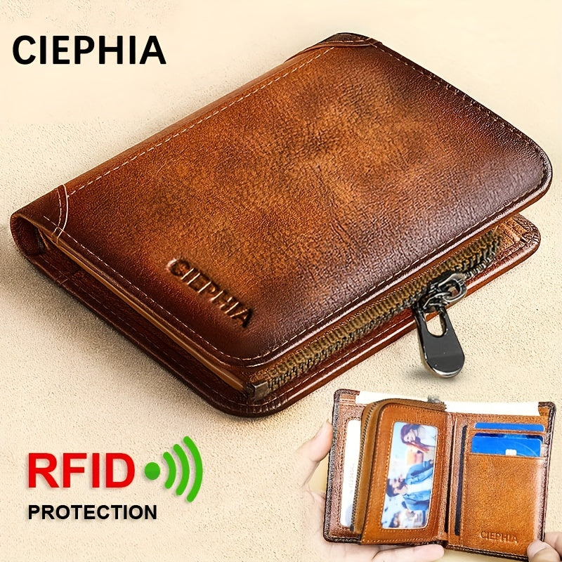 RFID Blocking Short Leather Wallet with Zipper